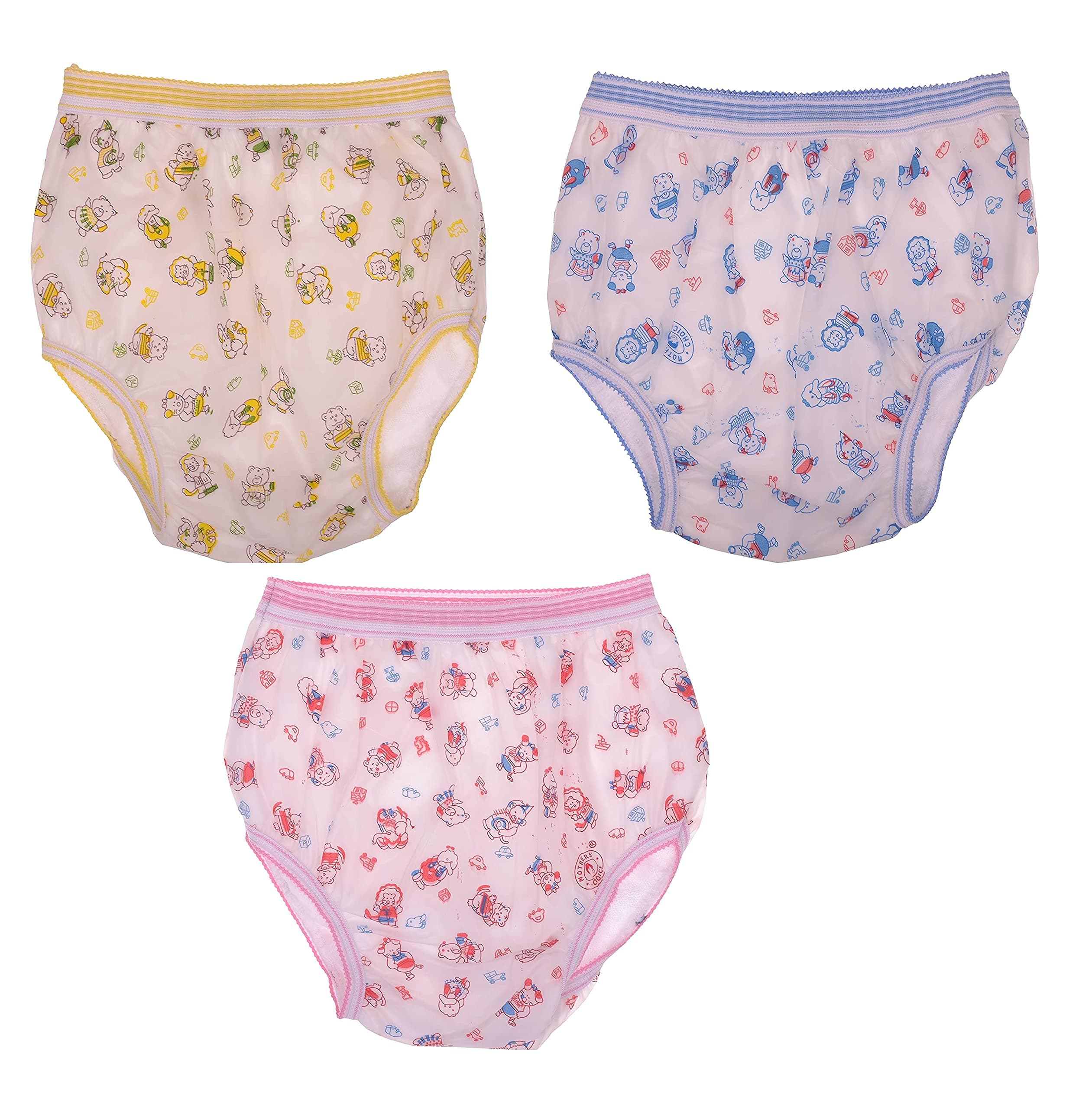 Mothers Choice® Waterproof PVC Plastic Panties / Washable Reusable Potty Training Pants with Inner High Absorbent Terry Fabric, Multi color, Large(6-9 Months)- Pack of 3