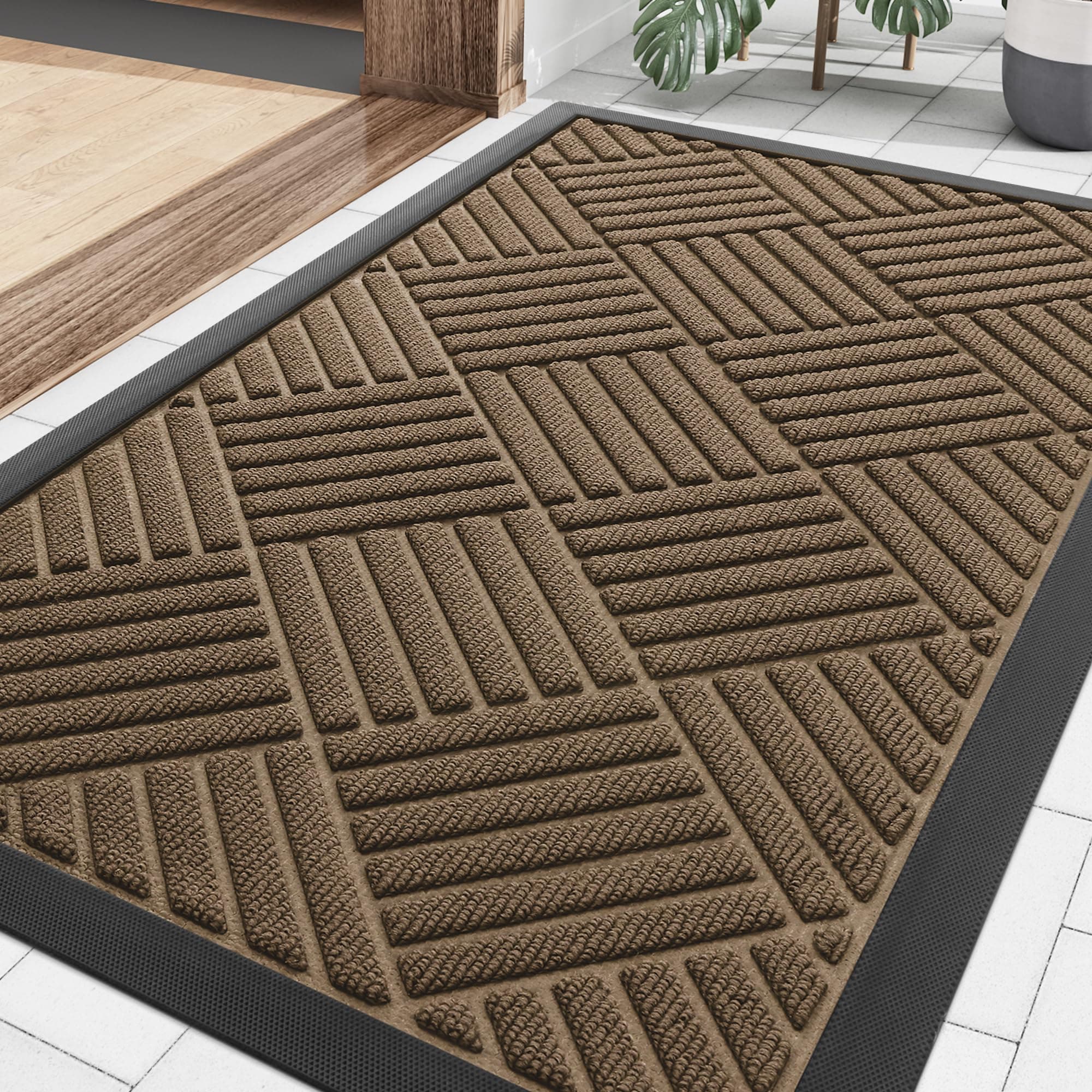 Front Door Mat Outside Entrance, Heavy Duty Outdoor Indoor Natural Rubber Doormat, Non Slip, Trap Dirt and Moisture, Easy Clean, Low Profile Patio Porch Entryway Mat, 29.5x17, Brown