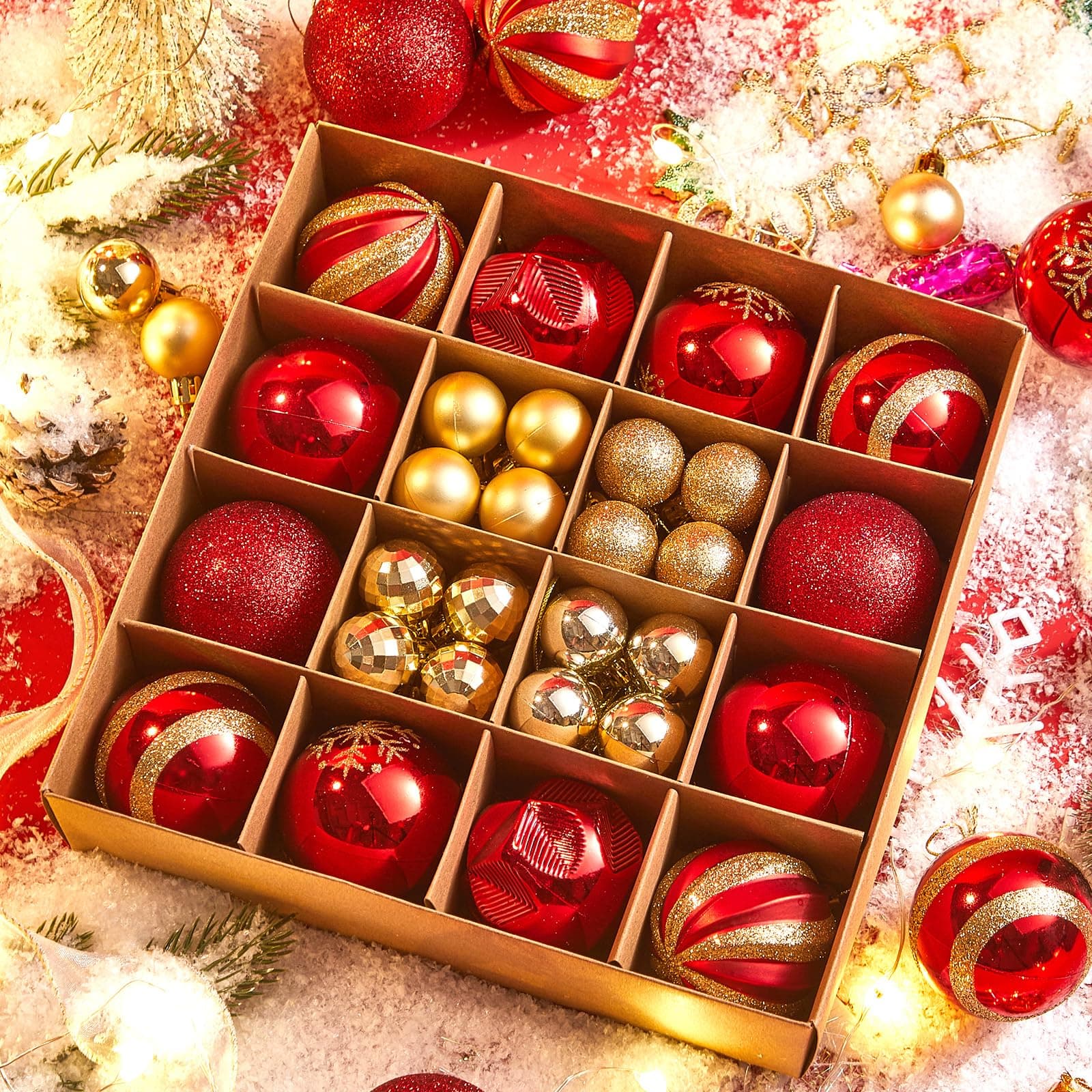 CoavasChristmas Ball Ornaments, 44PCS Shatterproof Christmas Hanging Ornaments, Christmas Tree Decorations for Xmas Trees Decor Holiday Party (Red&Gold,2.36in &1.18in)