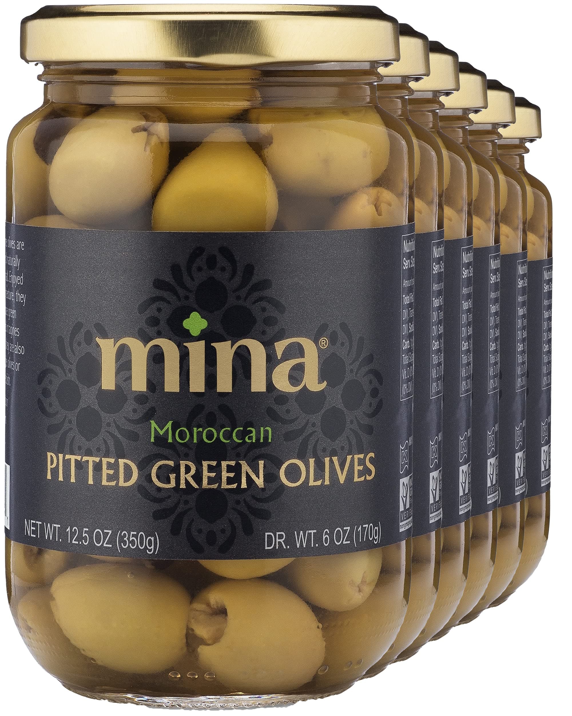 Green Olives Pitted, 12.5 oz (Pack of 6) - Delicious Pitted Green Olives, Keto and Paleo Snack, Premium Hand Picked Olives, Naturally Cured, Gluten Free, Low Carb, Vegan, Non GMO and Kosher