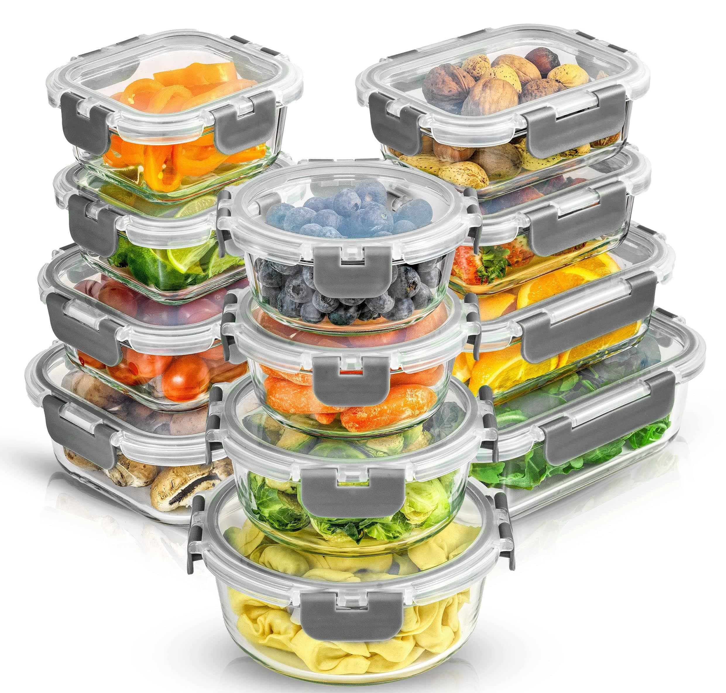 JoyJolt JoyFul 24 Count Borosilicate Glass Storage Containers with Lids, 12 Pack Airtight Freezer Safe Food Storage Containers Pantry Kitchen Storage Containers Glass Meal Prep Containers for Lunch