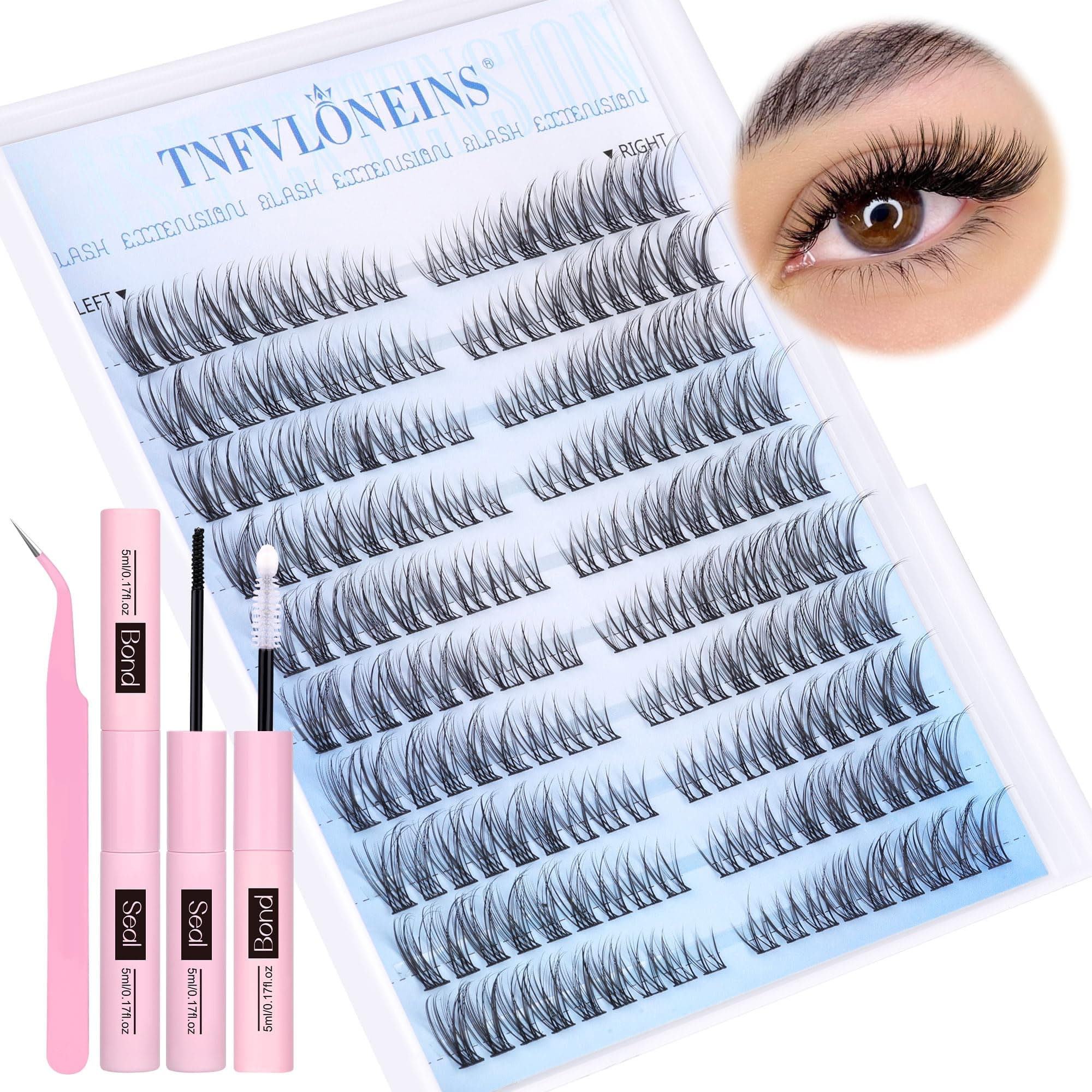 Wispy Cluster Lashes Kit Natural Lash Clusters 180Pcs Eyelashes Individual Kit Left&Right Lash Extension Kit C Curl Eyelash Clusters Soft Lashes Individual Cluster with Bond and Seal and Tweezers