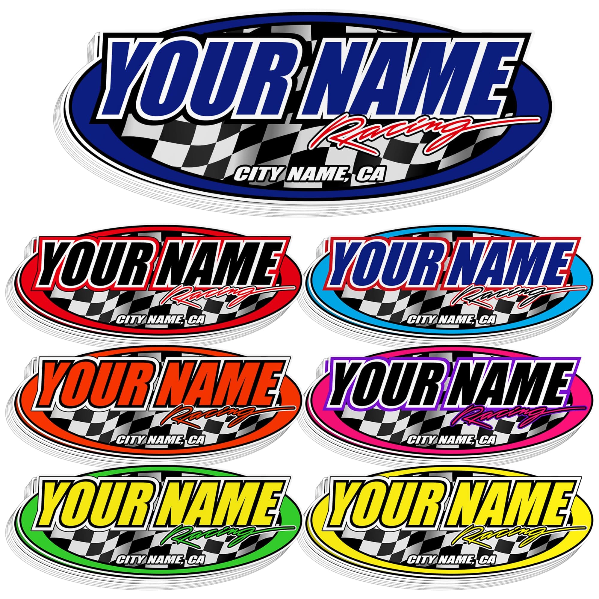 Custom Racing Name Sticker – Personalized Oval Vinyl Decal with Checkered Flag, Car Racing Style Waterproof Label for Helmet, Car, Bike, Laptop, Toolbox, Garage Gift for Men, Racing Fans