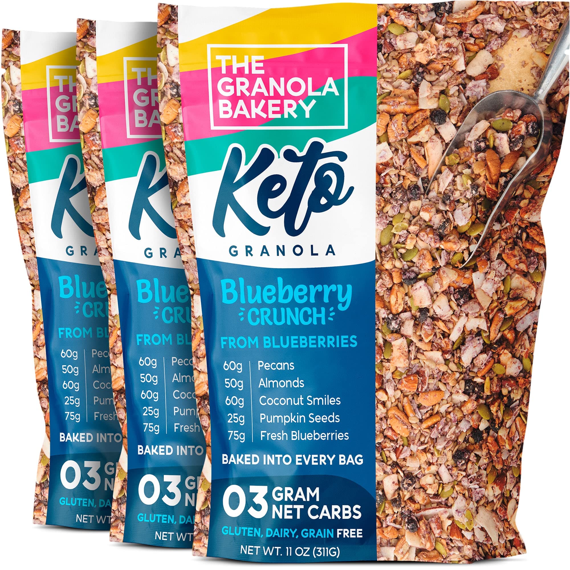 Blueberry Keto Granola | 3g Net Carb Snack | Low Carb Nut Cereal | Healthy Artisanal Food, 11 Ounces (Pack of 3)