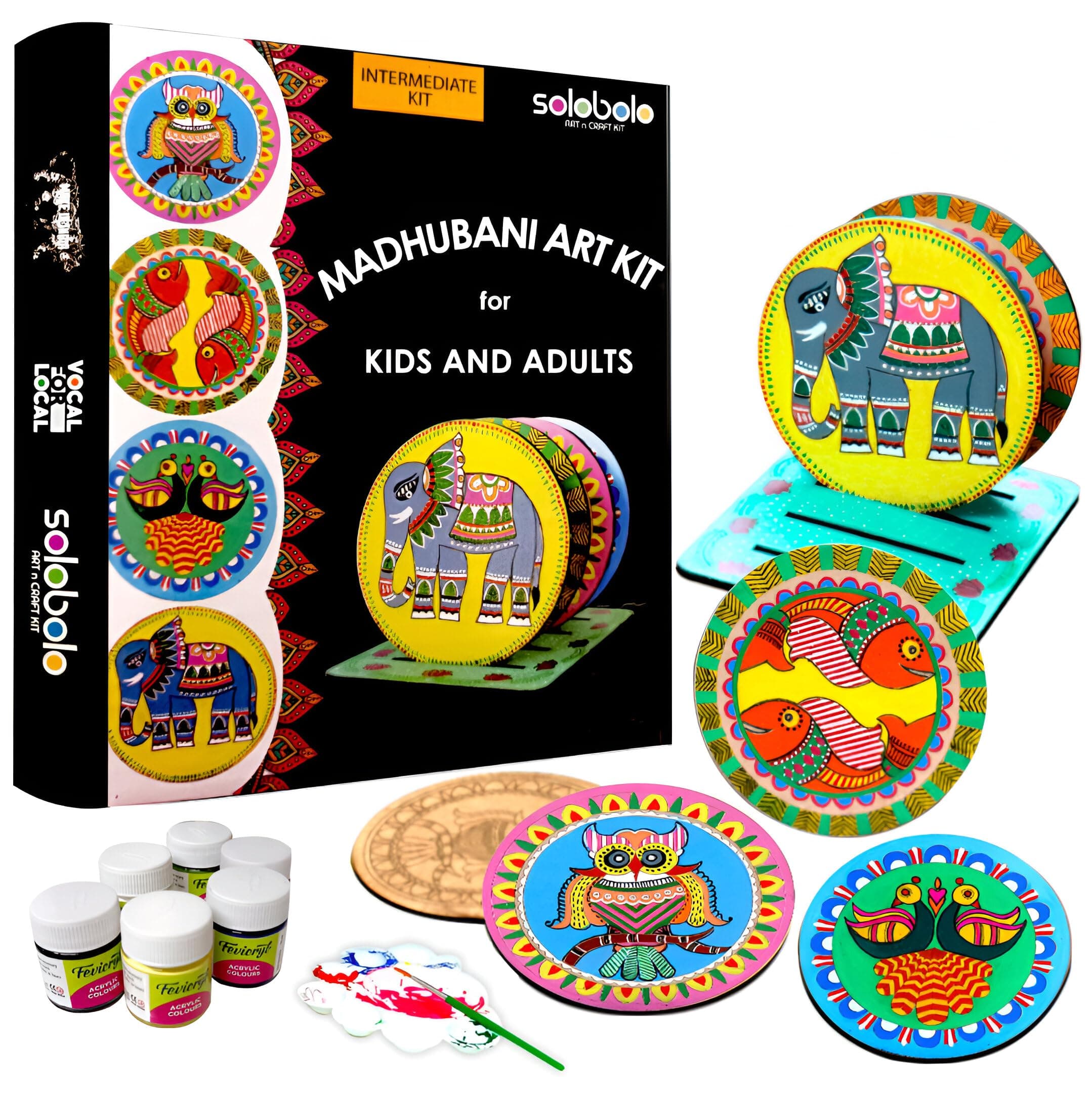 - SOLOBOLO Madhubani Painting Kit Tea Coasters with Stand - Art and Craft kit for Girls 9-12, Coaster DIY Craft Kit, Painting kit for Kids 6-12, Gift for Children's (Multicolour Wood)