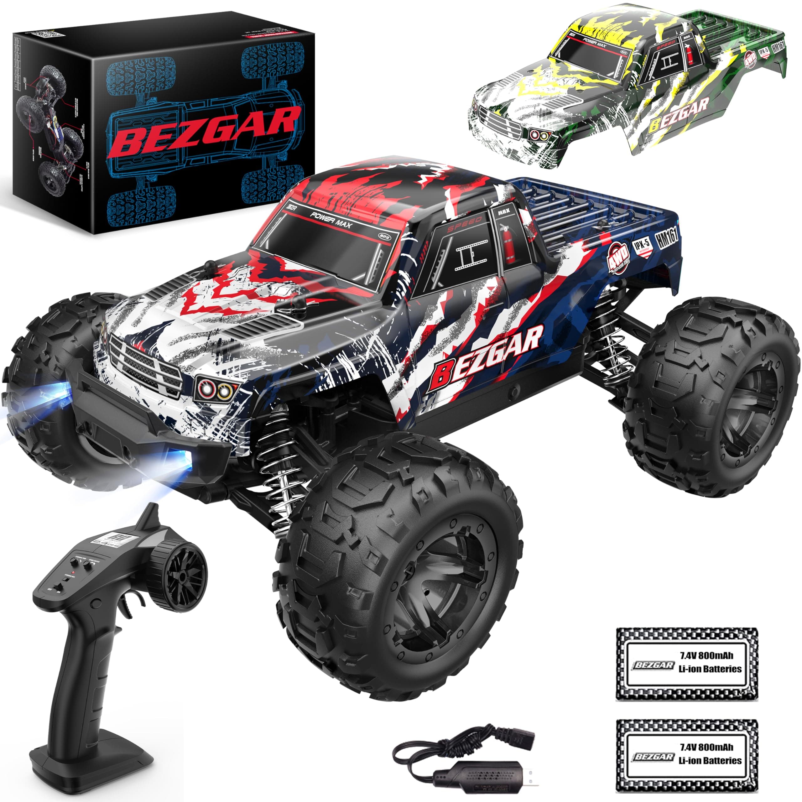 BEZGAR HM161 Hobby Grade 1:16 Scale Remote Control Truck, 4WD High Speed 40+ Kmh All Terrains Electric Toy Off Road RC Vehicle Car Crawler with 2 Rechargeable Batteries for Boys Kids and Adults