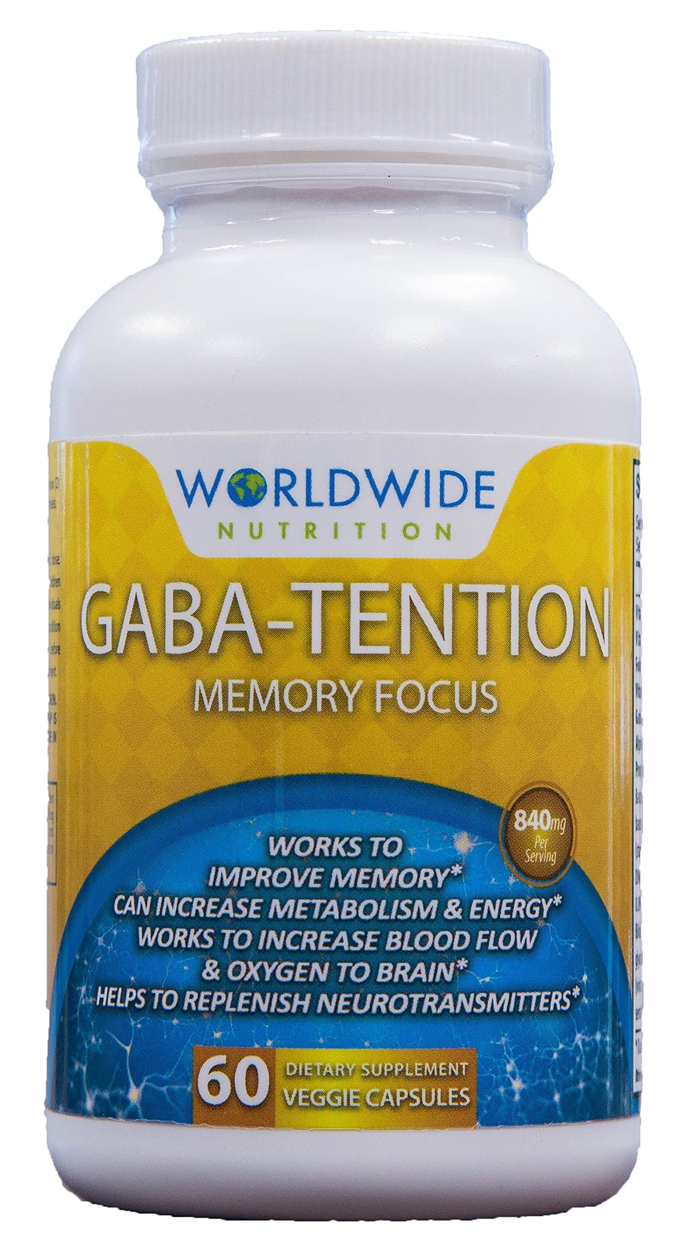Worldwide Nutrition GABA Supplement (Gamma Aminobutyric Acid) High Potency Extract - 60 Vegetarian Capsules - 840mg