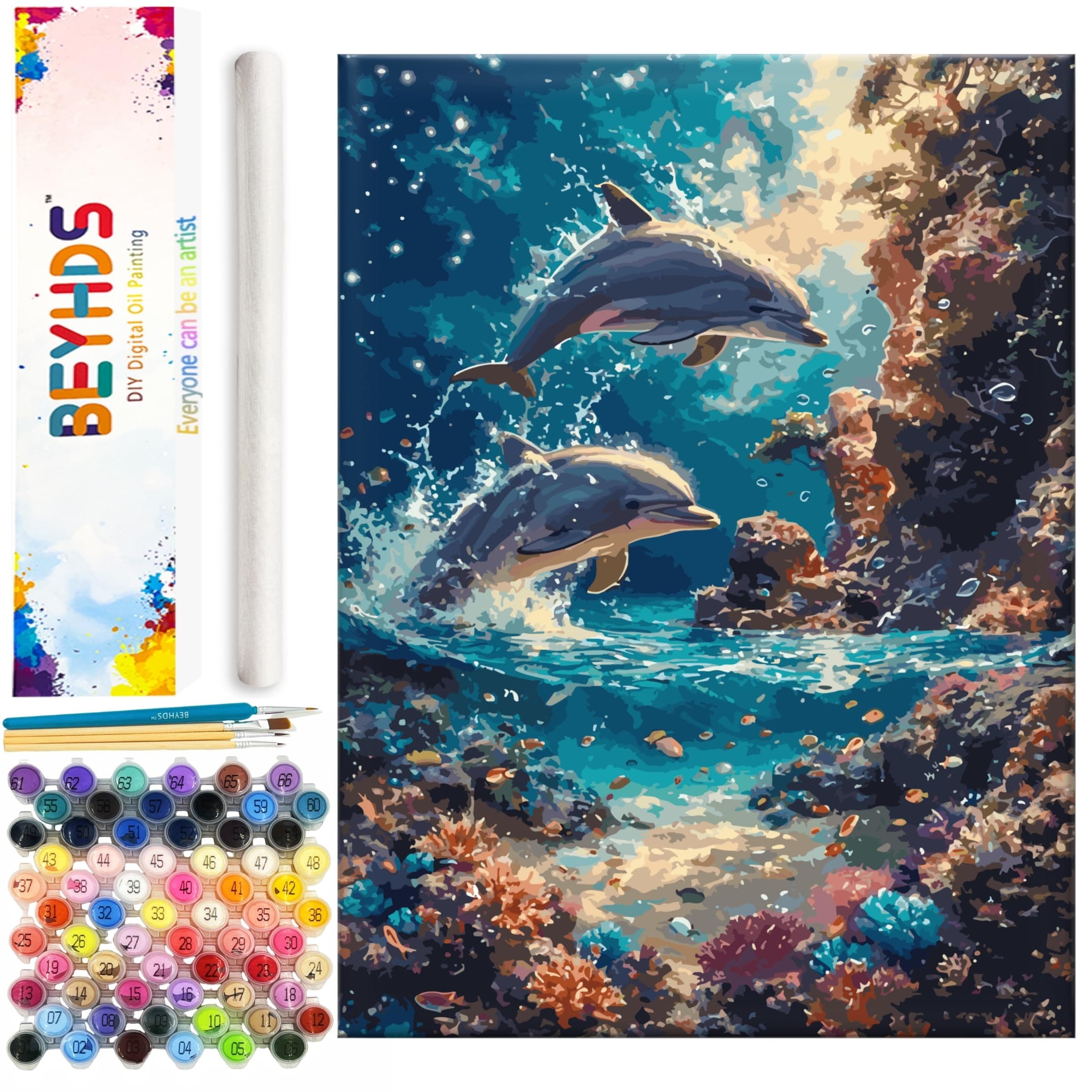 BEYHDS Professional Digital Oil Painting Kit (Unframed) with Brushes and 60 Pieces of Acrylic Paint - 18 inches * 24 inches Large, Dolphin Cove (BEYDW030)