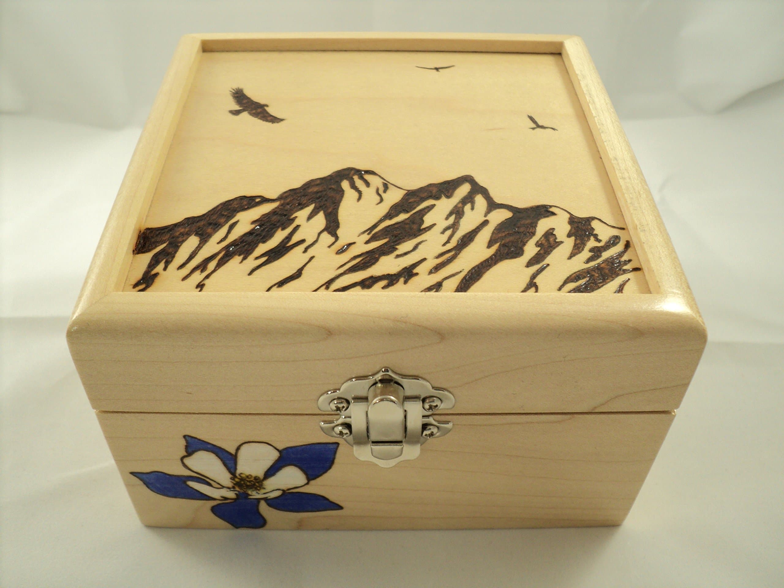 Solid Maple Wood Woodburned Columbine and Mountains Jewelry Keepsake or Memory Box