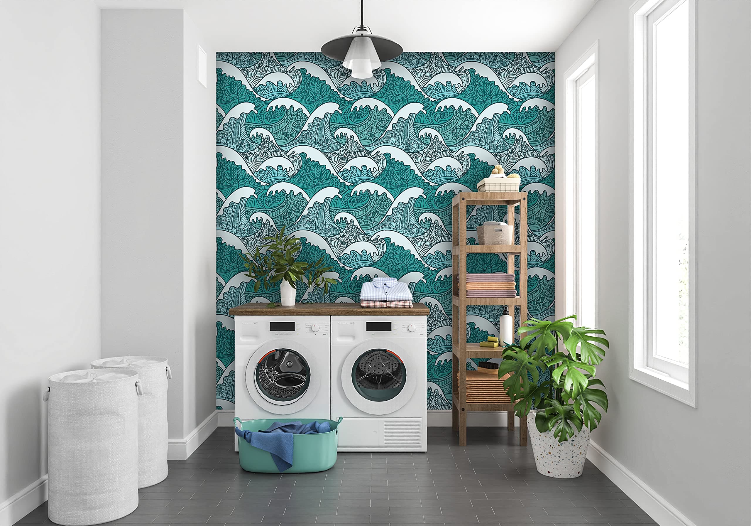 Self Adhesive Traditional Japanese Style Removable Wallpaper - Oriental Art Blue Green Waves Peel and Stick Wall Decal Fabric CC096