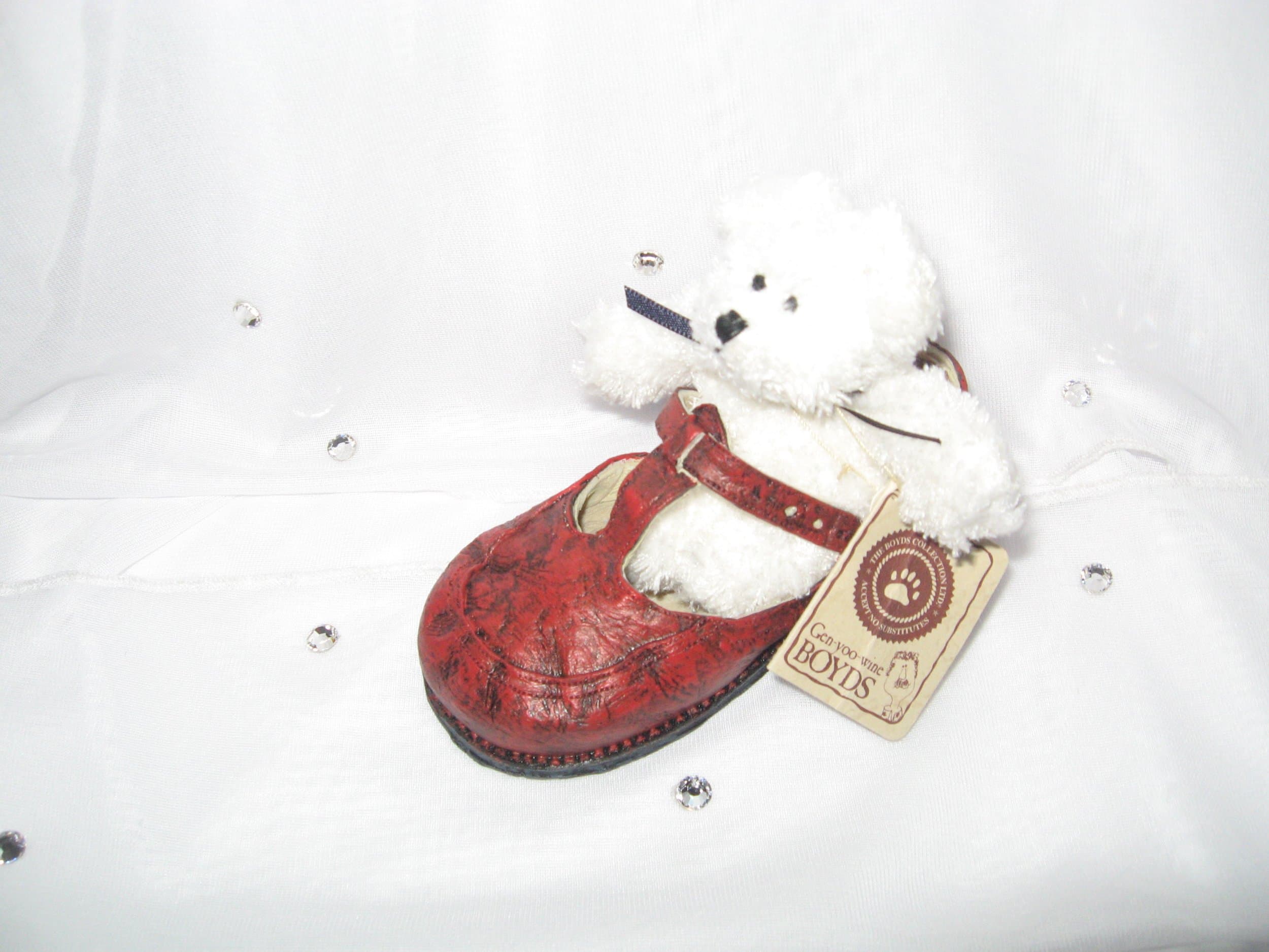 Boyds Babay Collection Prissy "Big Girl Shoe" Plush White Mini Bear and Red Mary Jane Style Shoe