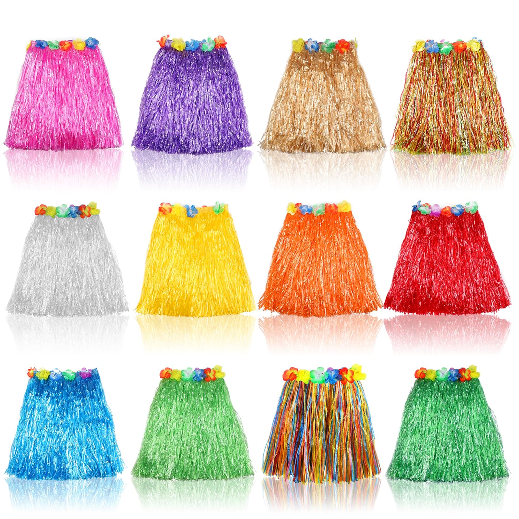 Grass Skirt Hawaiian Luau Hula Skirts Party Decorations Favors Supplies Grass Skirts for Kids Elastic Hibiscus Flowers Tropical Hula Skirt for Party, Birthday, Celebration 12Pack