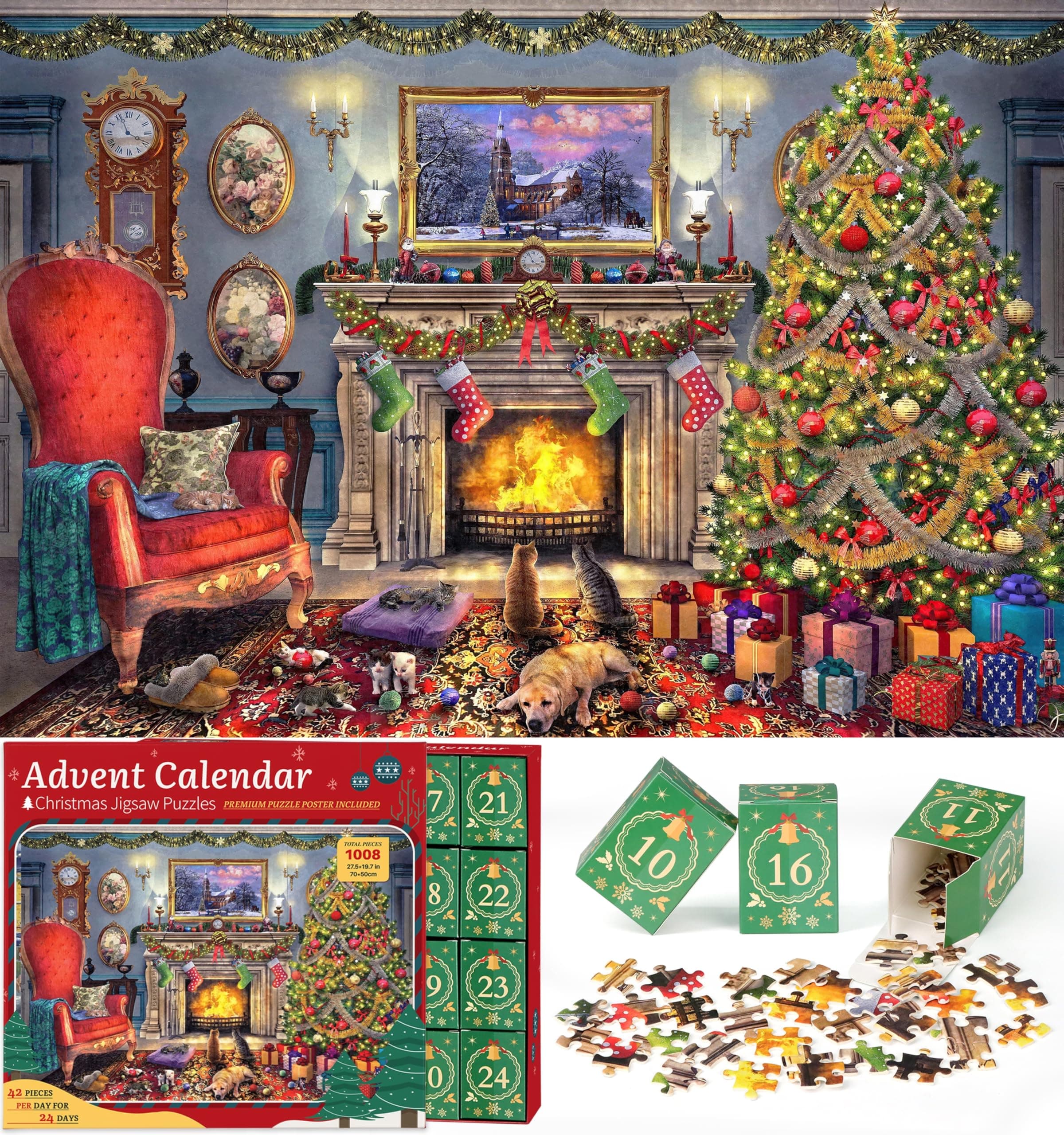 Puzzle Advent Calendar 2025 Christmas Jigsaw Puzzles - Festive Fireplace 1008 Pieces Jigsaw Puzzle 24 Days Christmas Countdown Advent Calendar Puzzle for Adults and Kids Countdown to Christmas Puzzles Gift