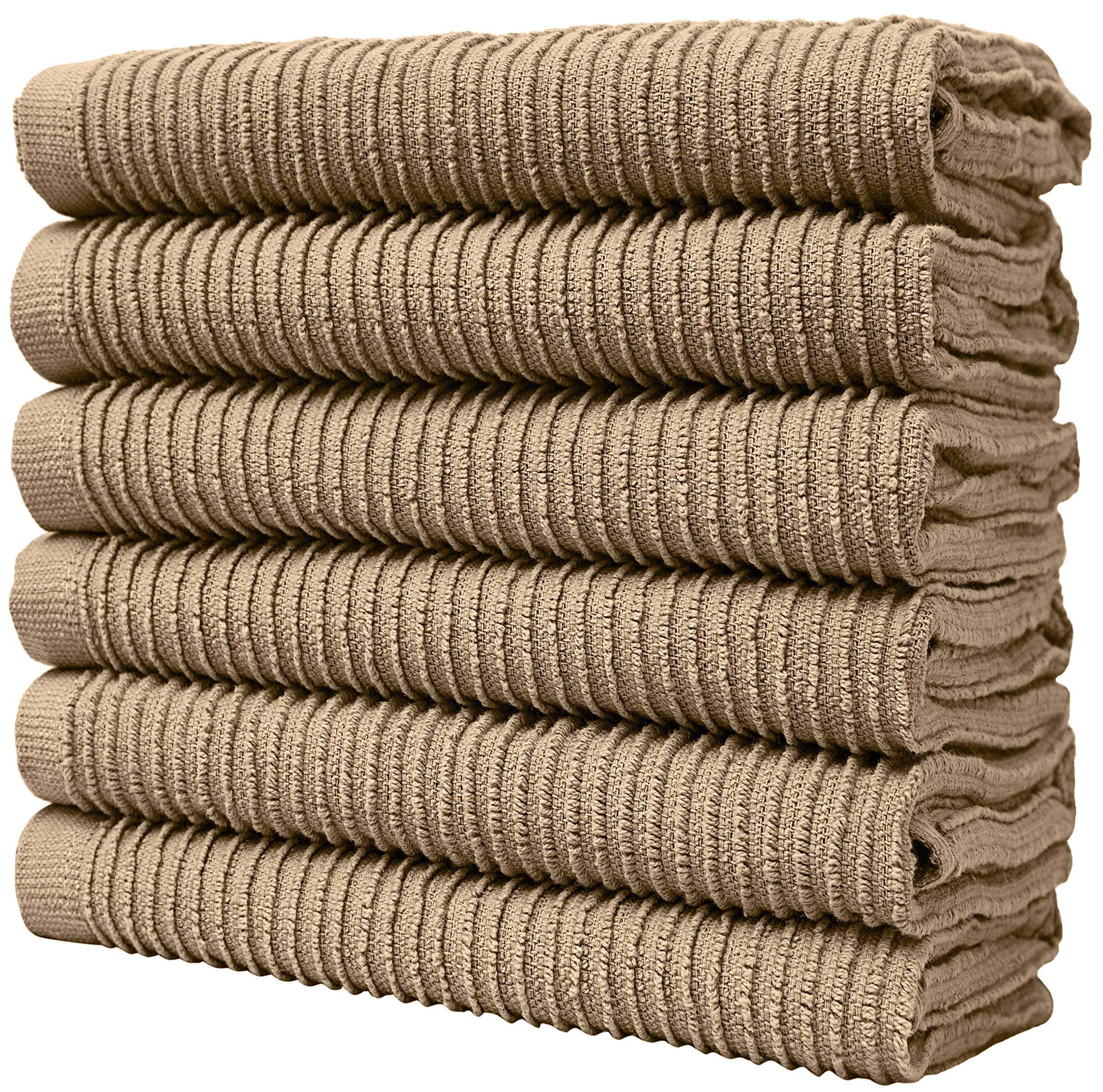 Premium Kitchen Towels - Large Cotton Kitchen Hand Towels - 6 Pack - Ribbed Design (16" x 26") - 340 GSM Highly Absorbent Tea Towels Set with Hanging Loop (TAN)