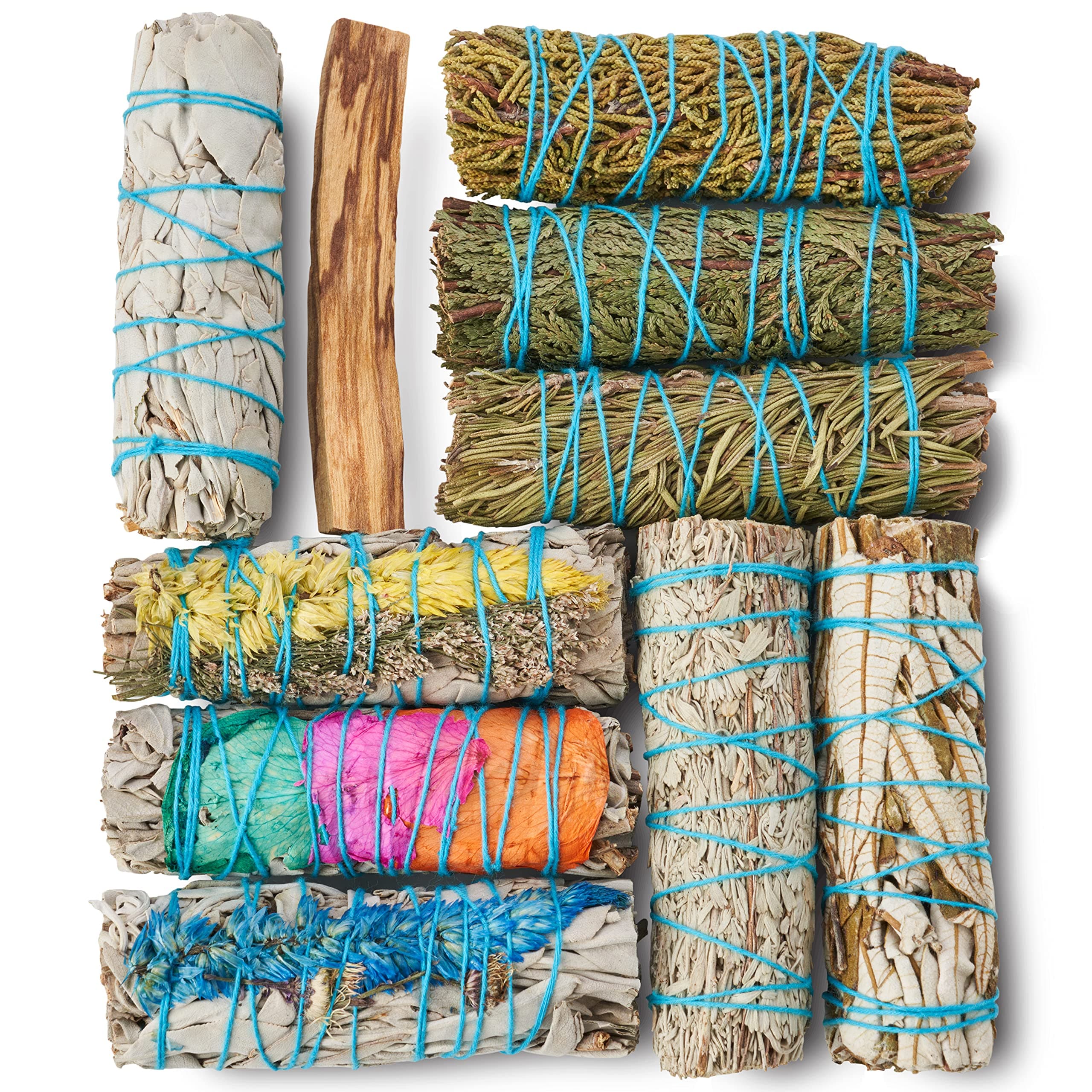 10 Sage Smudge Sticks ~ White Sage, Rosemary, Cedar, Juniper, Palo Santo, 3 Flower Sages, Blue Sage, Yerba Santa | Smudge Kit Unique Natural Sage Bundles Sustainably Sourced Smudging Cleansing
