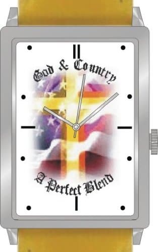 "God and Country - A Perfect Blend" Is the Inspirational Theme on the Dial of the Unisex Size Polished Chrome Rectangle Case with Yellow Leather Strap