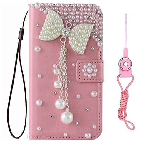 Huawei Honor 7X case, Huawei Mate SE case,Bling handmade Girls fashion Leather Filo slots Wallet Flip Protective Case Cover & strap for Huawei Honor 7X / Huawei Mate SE (Pink bowknot tassel)