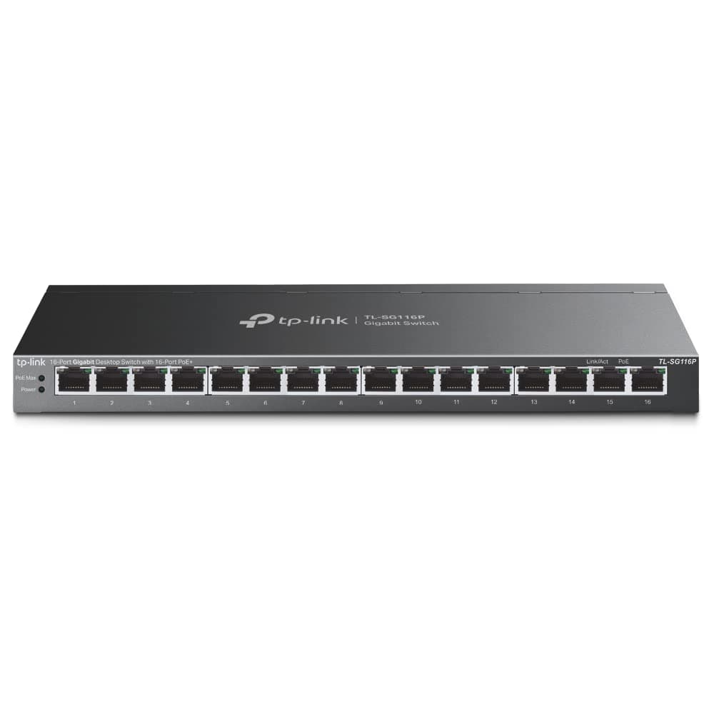 TP-Link TL-SG116P | 16 Port Gigabit PoE Switch | 16 PoE+ Ports @120W | Plug & Play | Extend, Priority & Isolation Mode | PoE Auto Recovery | Fanless | QoS & IGMP Snooping