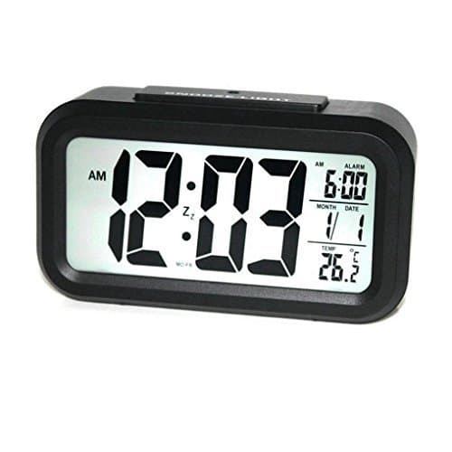 Gurgle Digital Alarm Clear Display Clock Featuring Date, Temperature Display, Snooze Button, Sensor Light and Night Light (Black)