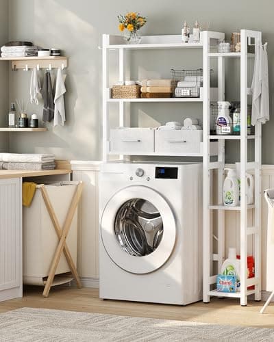 Over The Toilet Storage with 2 Drawers - 7 Tier Bathroom Organizer with Adjustable Shelf, Freestanding Space Saver Storage Rack Above Toilet Stand with 4 Hooks for Restroom, Laundry, White