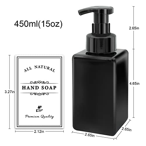 Foaming Soap Dispenser, 4 Pack Plastic Refillable Foaming Hand Soap Dispenser with 20 Pcs Waterproof Labels, 450ml (15oz) Foam Pump Bottle for Bathroom and Kitchen (Black)