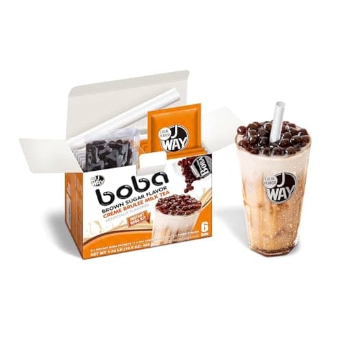 J WAY Instant Boba Bubble Pearl Milk Tea Kit with Authentic Crème Brulee Tapioca Boba, Ready in Under One Minute, Paper Straws Included - 6 Servings