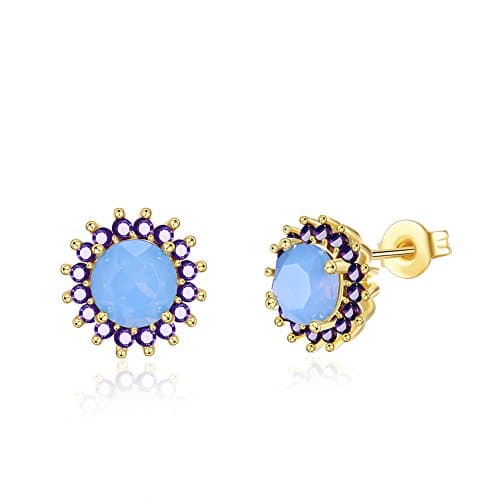 FILMA Blue Opal Purple Bloom Crystal Rounded Gold Plated Stud Piercing Earrings For Women Girls Jewelry