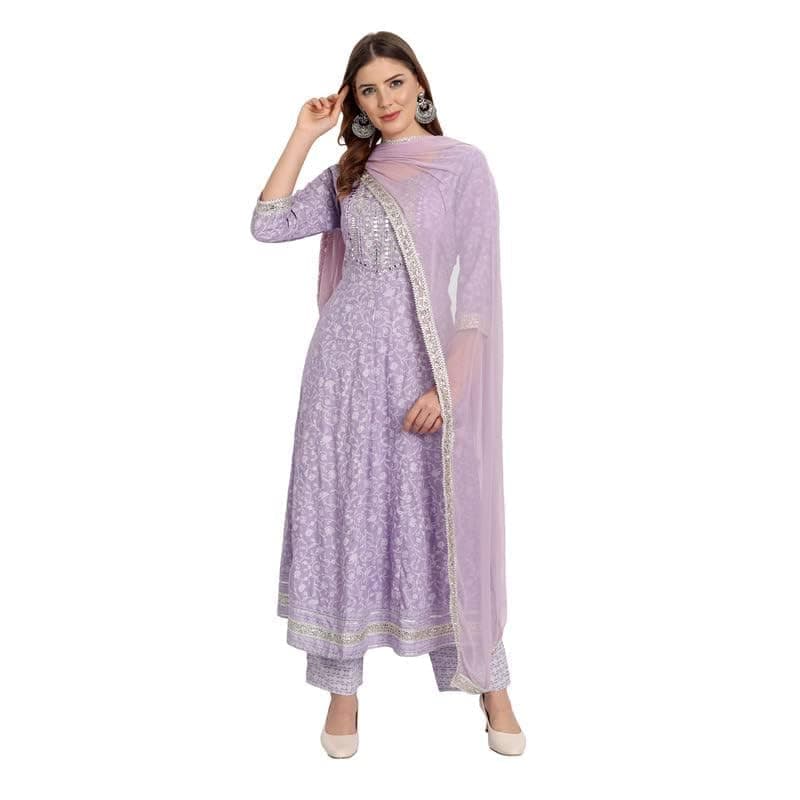 Women's Rayon Anarkali Embroidered Printed Kurta Pant And Dupatta Small Purple