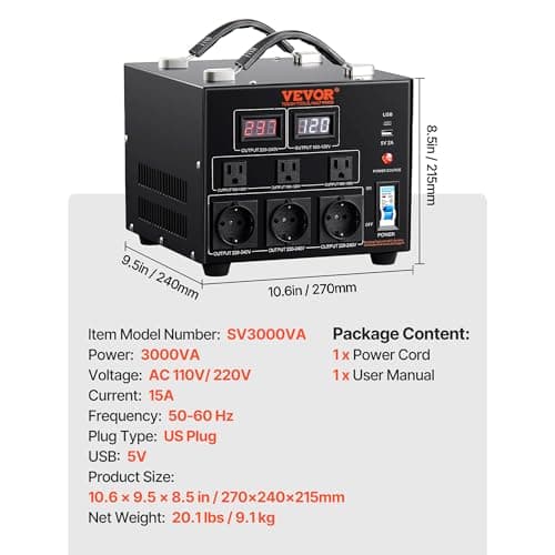 VEVOR Voltage Converter Transformer 3000W Heavy Duty Step Up/Down Transformer 110V to 220V Convert 220V to 110V US Outlet EU Outlet 5V with USB Port CE Approved