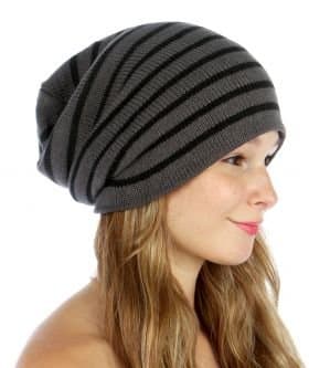 Soft Slouchy Long Beanie Hat (Gray with Stripes)