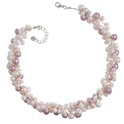 Chuvora Genuine Pink Cultured Fresh Water Pearl with Crystal 3-Strand Silk Thread Cluster Necklace 16"-17" Princess Length