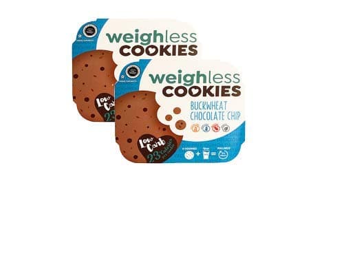 Weighless Cookies - Buckwheat Chocolate Chip - 2 Pack - Healthy, Gluten Free, Low Carb, Only 23 Calories Per Cookie, (4 Cookies In Each Pack)