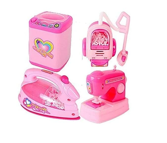 OANGO Plastic 4Pcs Household Pretend Play Set with Vaccum Cleaner, Washing Maching, Iron, Sewing Machine for Kids Girls 3 Years Old Kids Random PIS