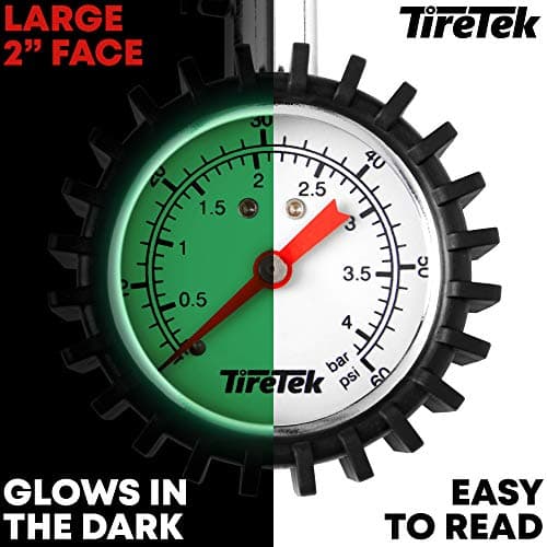 TireTek Mountain Bike Presta Tire Pressure Gauge, 60 PSI w/Interchangeable Presta Valve & Schrader Valve Air, Easy to Read Glow Dial Bike Tire Gauge w/Storage Pouch for Any Mountain Bike Accessories