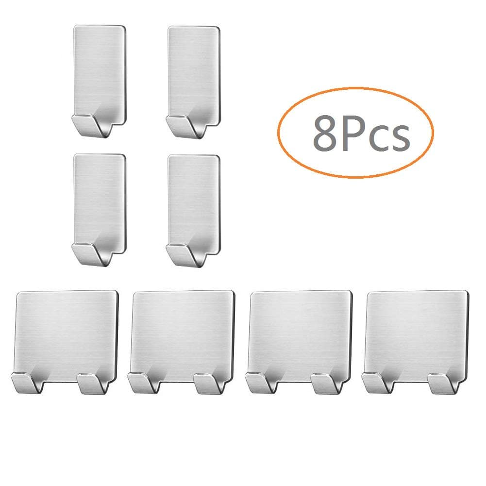 Adhesive Hooks, Strong Stainless Steel Shaver Hook Razor Holder Wall Hanger for Bathrobe Towel Coat Keys Bathroom Kitchen Organizer 8Pack
