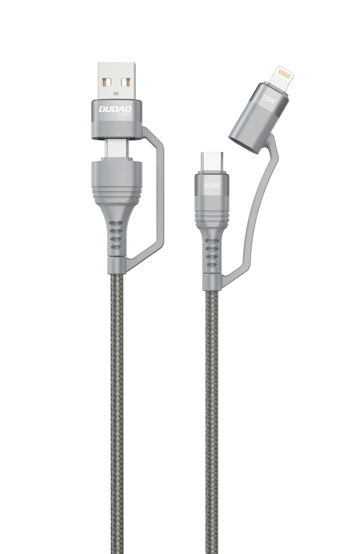 DUDAO L20XS 100W PD 4 in 1 Fast Charging & Data Sync Tough Nylon Braided Unbreakable Cable 1M Multi-Function Data Cable & Data Sync Type-C To Type-C ,Type-C To Ligtning, USB-A To C, USB-A To Ligtning Compatible with all Devices (4 in 1 Grey)
