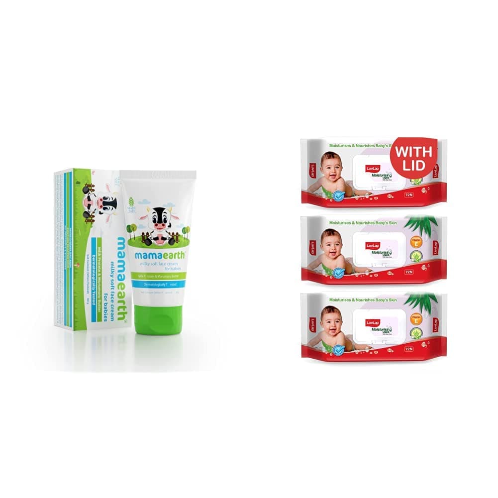 Milky Soft Natural Baby Face Cream for Babies 60mL and LuvLap Paraben Free Baby Wipes with Aloe Vera, with Fliptop Lid (72 Wipes/Pack, Pack of 3)