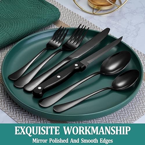 24 Pcs Black Silverware Set with Steak Knives Service for 4,Stainless Steel Flatware Set,Mirror Polished Cutlery Utensil Set,Kitchen Eating Tableware,Include Fork Knife Spoon Set,Dishwasher Safe