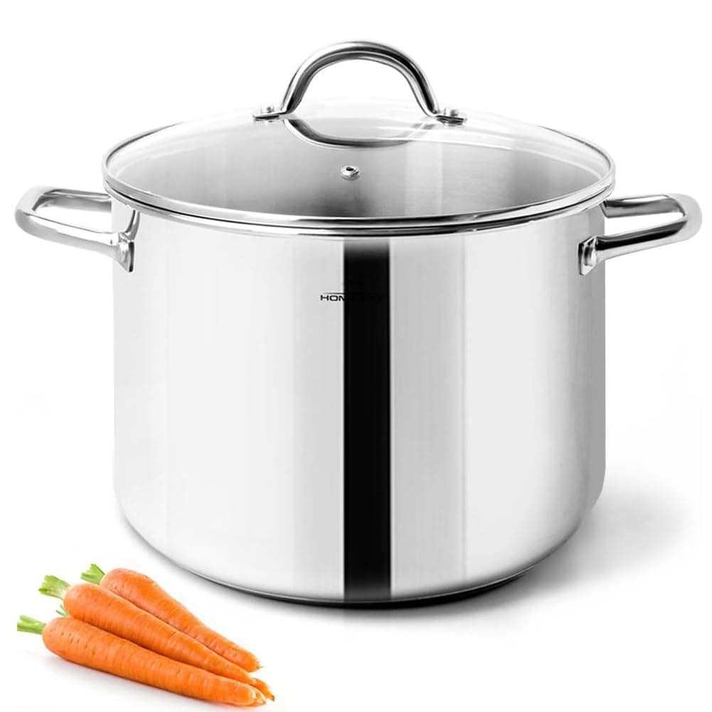 HOMICHEF Stock Pot 24.5 cm 7.6 Litre with Lid Nickel Free Stainless Steel - Mirror Polished Stockpot 7.6 Litre with Glass Lid - Healthy Soup Pot Induction