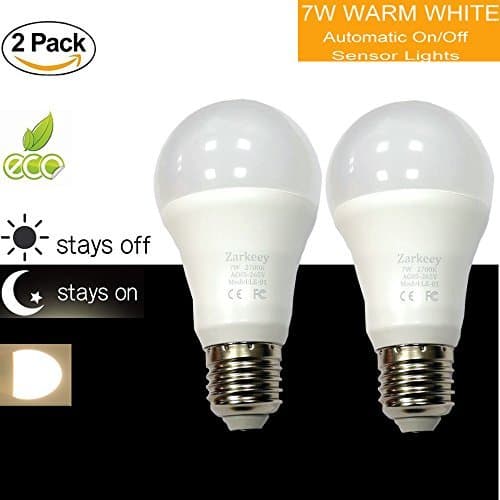 Zarkeey Dusk to Dawn Light Bulb Sensor Light Bulbs LED Lights Smart Porch Light Socket Sensor 7W A19 E26 E27(Auto on/Off) Indoor/Outdoor Lighting Lamp Garage Yard Patio (Warm White, 2 Pack)
