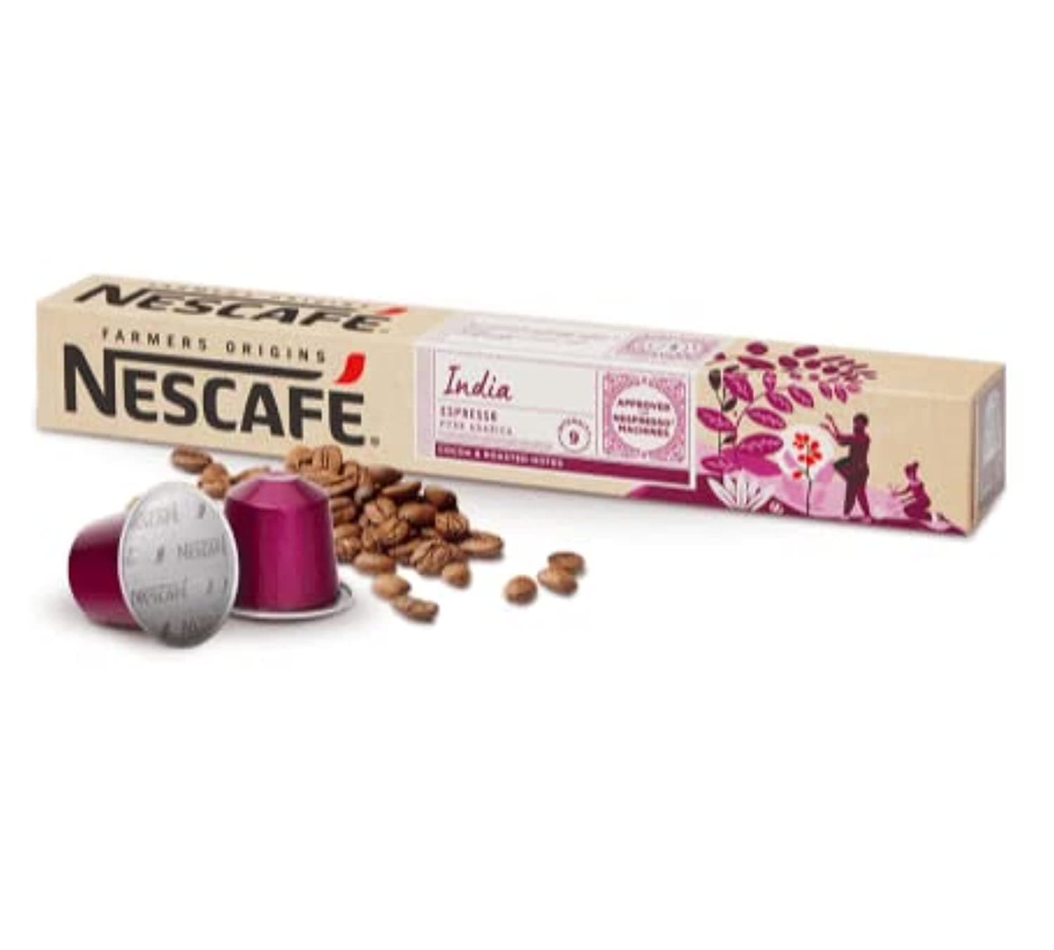 Nescafe Farmers Origins Coffee Capsules | India Espresso | Pure Arabica with Cocoa & Roasted Notes - 10 Pods Per Pack