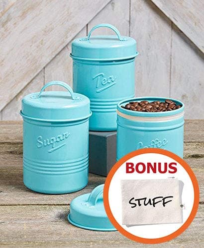 Vintage Canisters for Kitchen - Sets of 3 Rustic Metal Containers - Decorative Coffee Tea Sugar Canister Set - Teal Blue