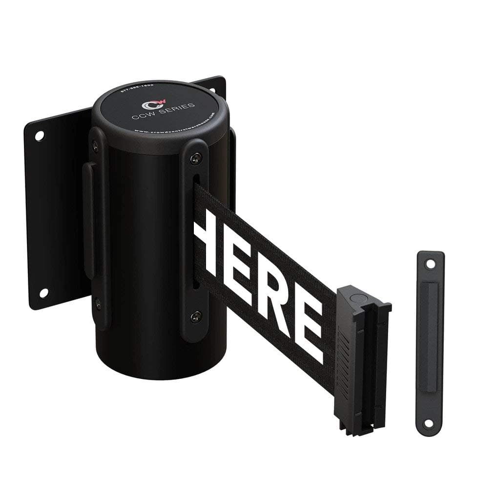 Crowd Control Warehouse CCW-05-022-01255_FBM_02 Series WMB-125 Fixed Wall Mount Retractable Belt Barrier with Black Steel Case, Black "Please Wait HERE" Belt, 11' Belt Length