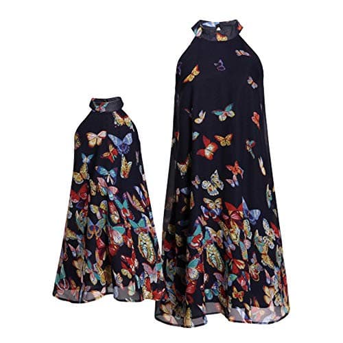 Mumetaz Mommy and Me Elegant Off-Shoulder Spaghetti Straps Butterfly Matching Dress