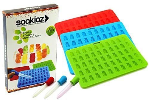 Saakiaz Silicone Gummy Bear Molds - 3 Packs With 3 BONUS DROPPERS- 50 Cavities-Up to 150 Gummy Bear Candy At Once- 3 Colors- 100% FDA Approved, BPA Free, 3, Red, Sky Blue, Green by Saakiaz