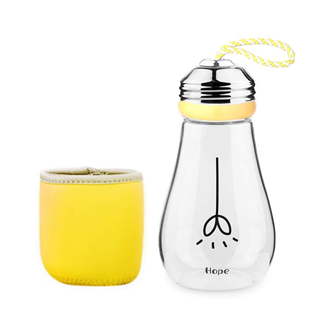 Creative Bulb Cup,BPA Free Glass Travel Tea Mug,Cute Water Bottle with Neoprene Sleeve 14 Ounce