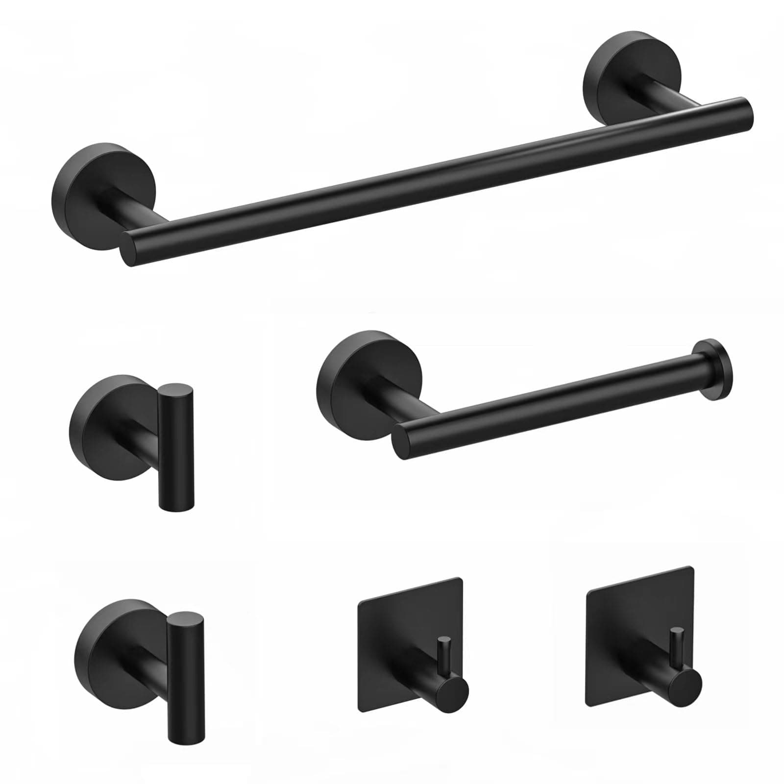 Towel Rail Bathroom Hardware Set 6-Piece, Black Bathroom Accessories Set 40CM Towel Rail, Toilet Paper Holder, 2 Wall Hooks, 2 Robe Hooks 304 Stainless Steel Screw-Fixed Wall Mounted