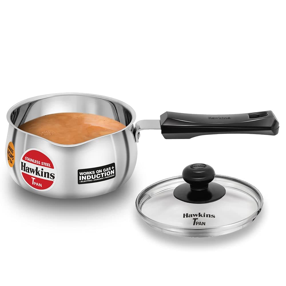 1 Litre Tpan, Stainless Steel Tea Pan with Glass Lid, Induction Sauce Pan, Chai Pan, Small Pan, Silver (SST10G)