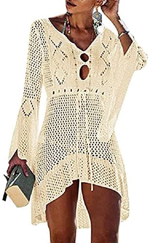 Bikini Cover Up Hollow Out Beachwear V Neck Loose Knit Beach Dress V Neck Crochet Bikini Swim Bathing Suit Cover Up Bell Sleeve Swimsuit Coverups