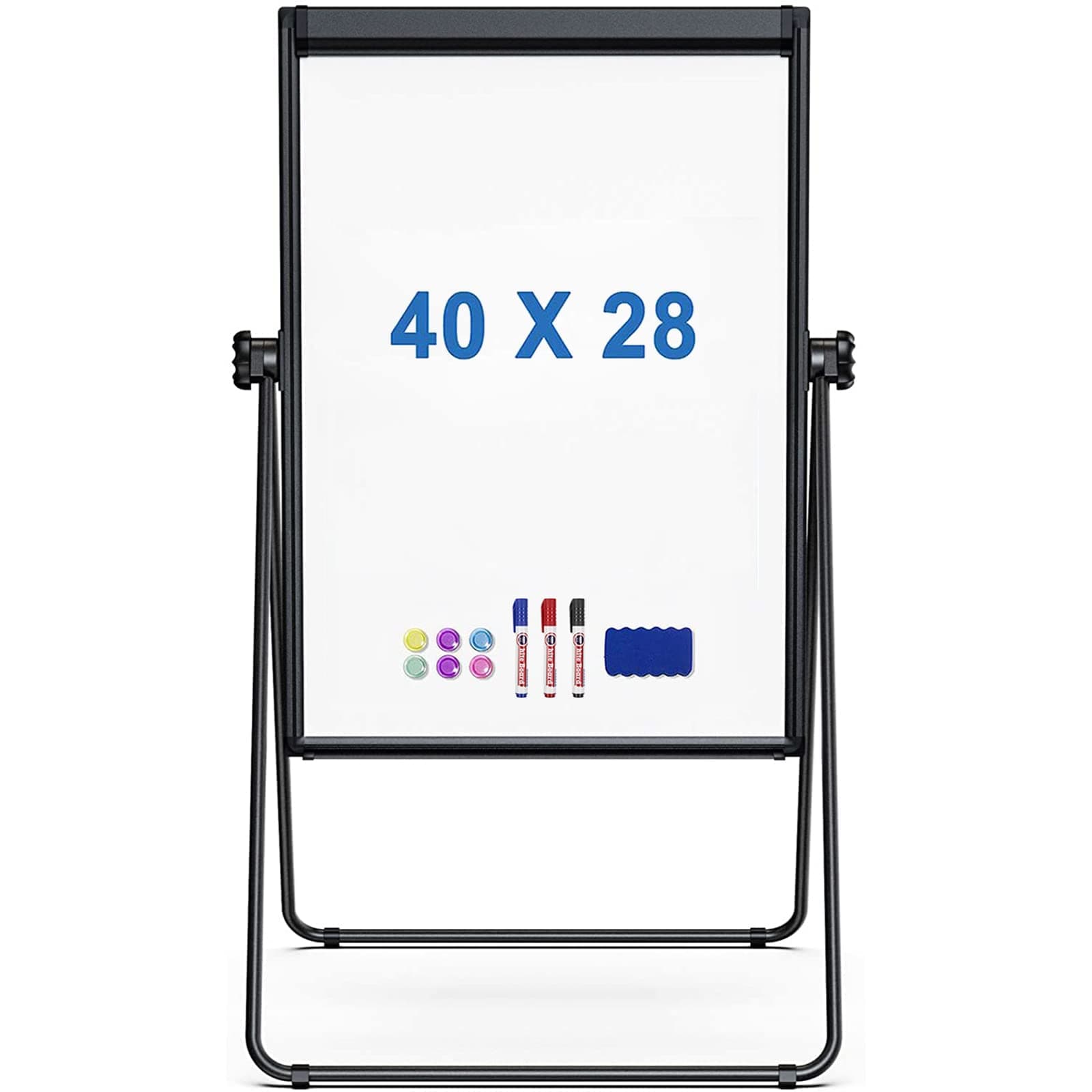 White Board Easel, 40 x 28 inches Flip Chart Easel, Height Adjustable White Board Stand, Magnetic Double Sided Black Aluminum Frame Portable Whiteboard for Home Office Classroom